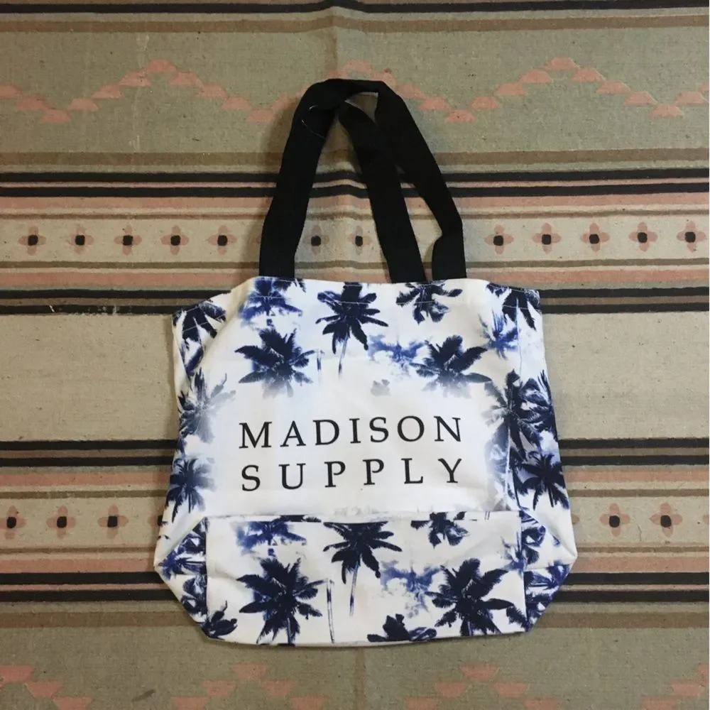 Madison Supply Blue Palm Trees & White Tote Shoulder strap bag new